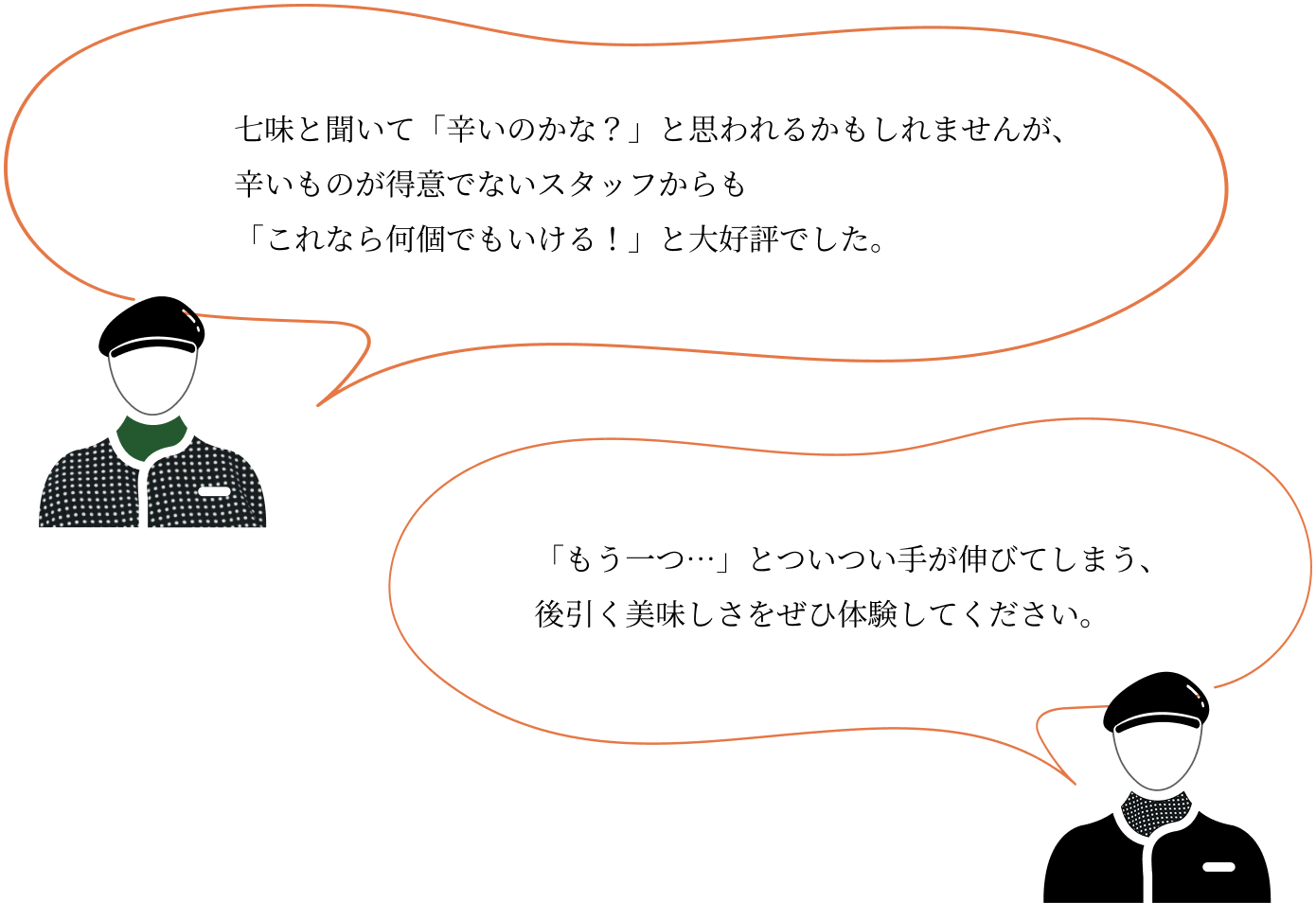 「七味と聞いて「辛いのかな？」と思われるかもしれませんが、辛いものが得意でないスタッフからも「これなら何個でもいける！」と大好評でした。」、「「もう一つ…」とついつい手が伸びてしまう、後引く美味しさをぜひ体験してください。」