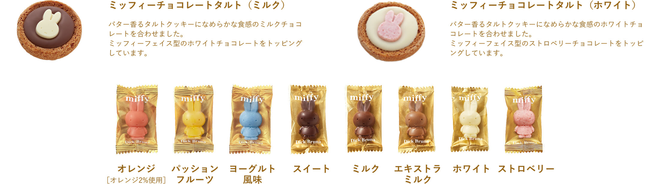 ミッフィーチョコレートタルト（ミルク）。ミッフィーチョコレートタルト（ホワイト）。オレンジ【オレンジ2%使用】。パッションフルーツ。ヨーグルト風味。スイート。ミルク。エキストラミルク。ホワイト。ストロベリー。