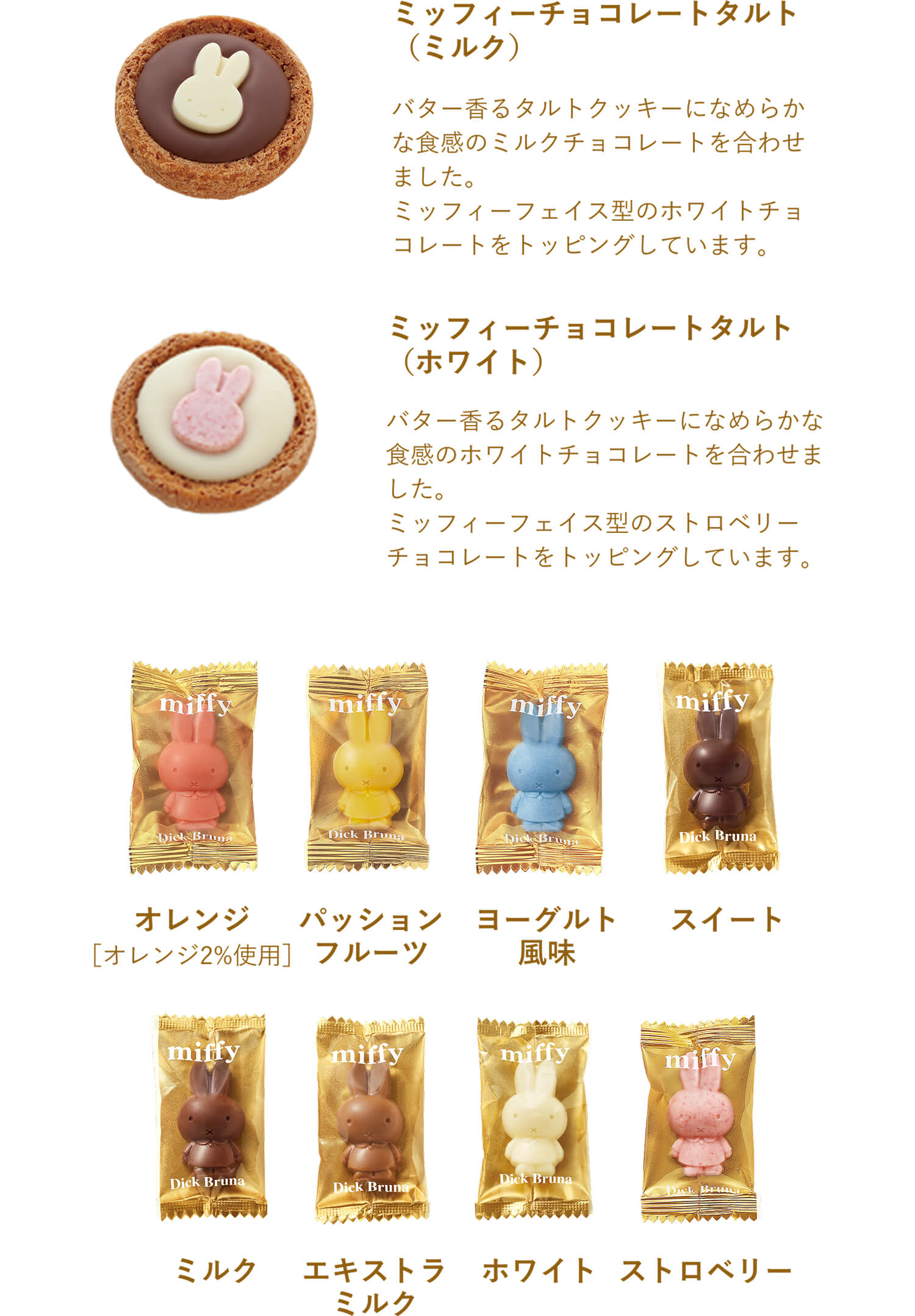 ミッフィーチョコレートタルト（ミルク）。ミッフィーチョコレートタルト（ホワイト）。オレンジ【オレンジ2%使用】。パッションフルーツ。ヨーグルト風味。スイート。ミルク。エキストラミルク。ホワイト。ストロベリー。